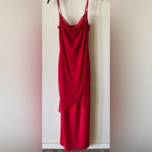 Papaya Red Evening Gown Asymmetrical Fully Lined Draped